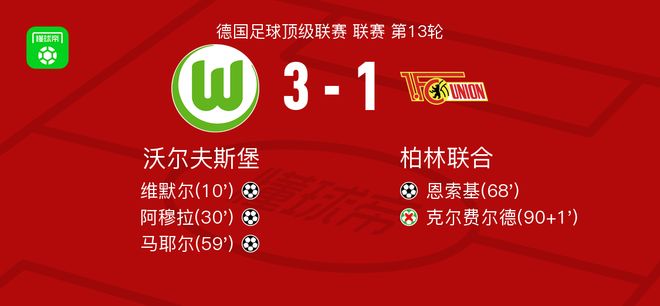 沃尔夫斯堡3-1柏林联合，马耶尔建功，阿穆拉1传1射